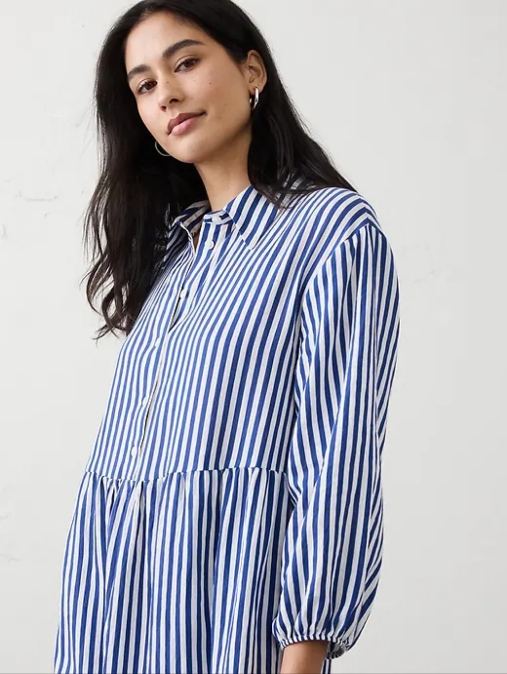 NWT Navy W/Creme Stripe Tiered Midi Shirtdress Size XXS Banana Republic Factory - Picture 3 of 5